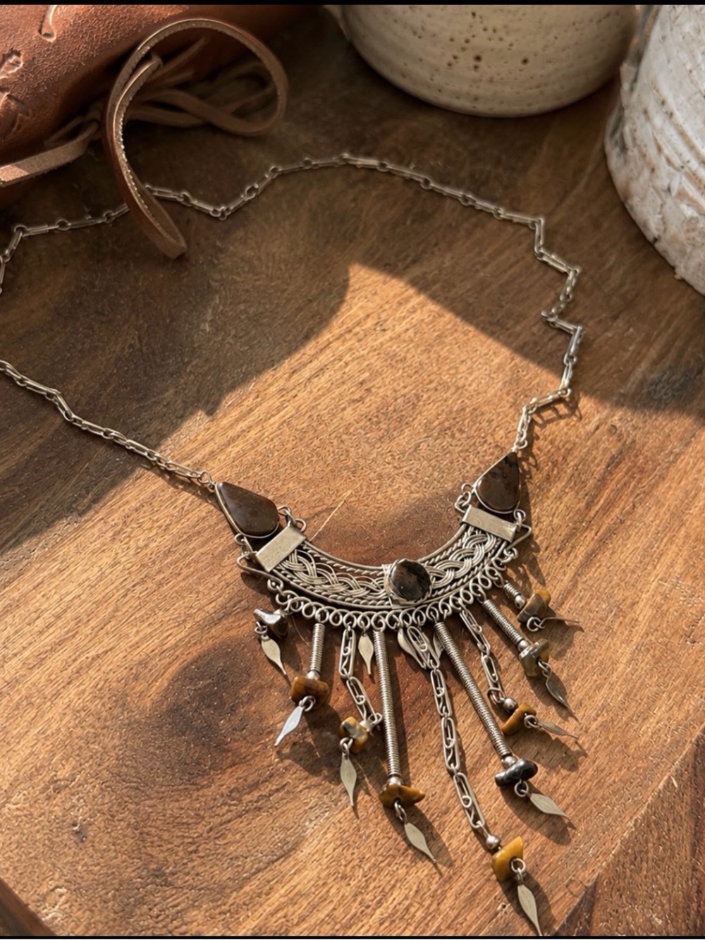 Vintage Peruvian Alpaca Silver Brown Stone Fringe Statement Necklace